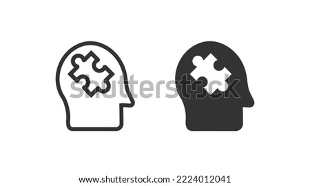 Profile of person with puzzle pieces in his head icon. Thinking illustration symbol. Sign knowledge vector flat.