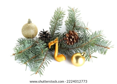 Note sign with Christmas balls, fir branches and cones on white background