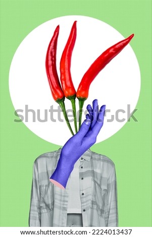 Collage photo of headless creative abstract dish red hot chilli three peppers on plate vitamins mexican meal isolated over green color background