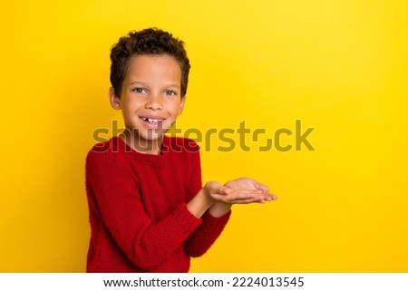 Photo portrait of cute little boy palms hold empty space product promo wear trendy red knitwear outfit isolated on yellow color background