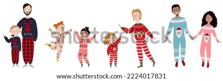 Set of happy people in Christmas pajamas on white background