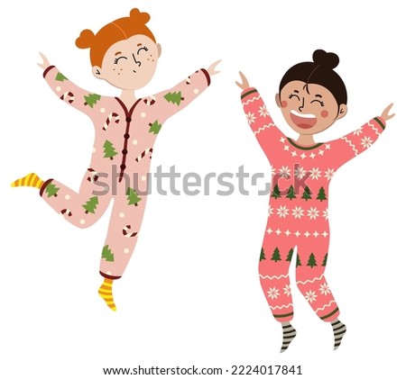 Happy little girls in Christmas pajamas on white background