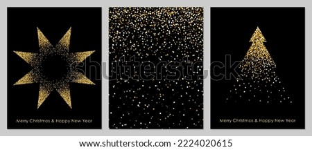 Christmas tree card template and seamless pattern. Minimalistic fir tree with gold glitter on a black background. Winter, Christmas, and New Year concepts.