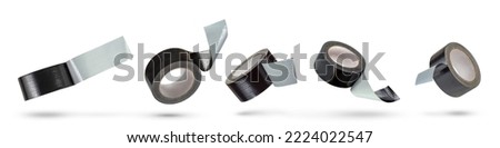 Big set roll of black adhesive tape isolated on white background. Reinforced black duct tape falls, casting a shadow. Unwound roll of electrical tape. Royalty-Free Stock Photo #2224022547
