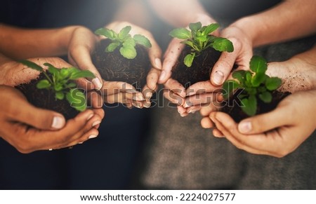 Going green is just good for everybody. Cropped shot of a group of people holding plants growing out of soil. Royalty-Free Stock Photo #2224027577