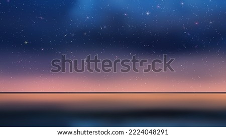  Night starry sky blue pink reflection on sea water wave and gold sunset banner background template