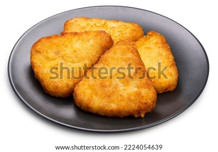 Crispy Hash Browns isolated on white background, Crispy Hash Browns on black plate With clipping path. Royalty-Free Stock Photo #2224054639