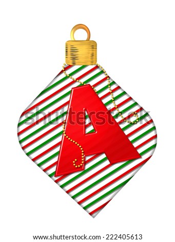 The letter A, in the alphabet set "Pinstripe Ornament", is red.  Letter sits on red and green striped Christmas ornament.