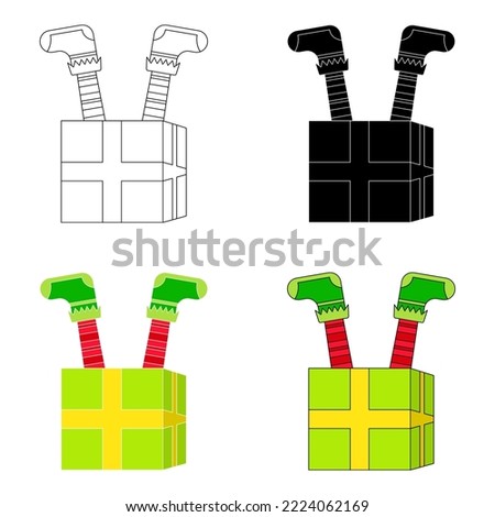 Set of Elf feet with gift box in flat style isolated