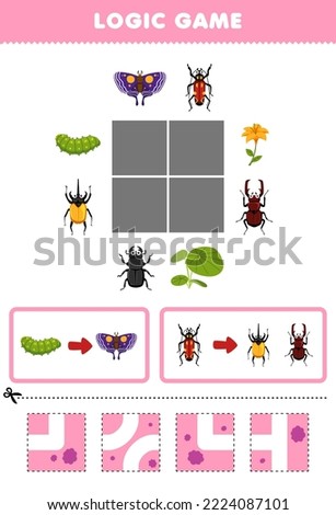 Education game for children logic puzzle build the road for caterpillar move to butterfly and beetle printable bug worksheet