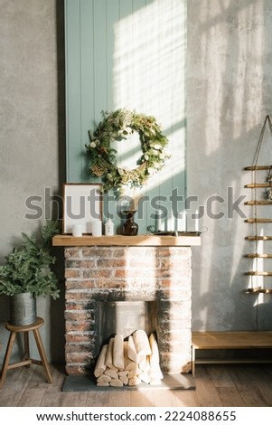 Modern Christmas interior with decorative brick fireplace, Scandinavian style