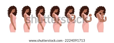 Pregnancy stages, newborn development, infographics. Pregnant black woman, Arabic mom with baby. Set of vector illustrations isolated on white background. Royalty-Free Stock Photo #2224091713