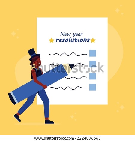 Girl writing her new year resolutions in a big paper with a giant pencil  Royalty-Free Stock Photo #2224096663