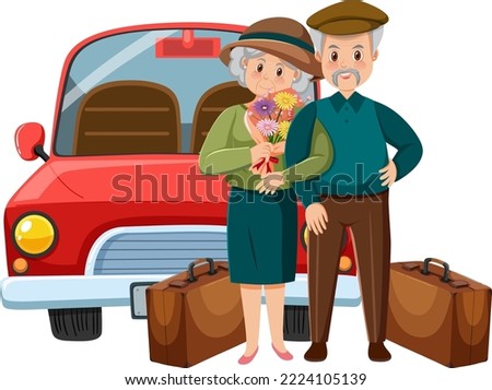 Elderly couple standing beside car illustration