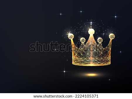 Abstract gold crown in futuristic glowing low polygonal style on black background. Power concept. Modern abstract connection design vector illustration.