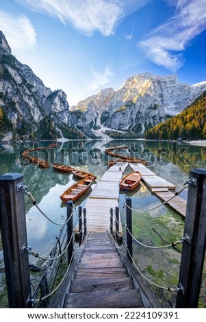 Landscape of Lago di Braies in dolomite mountains Royalty-Free Stock Photo #2224109391