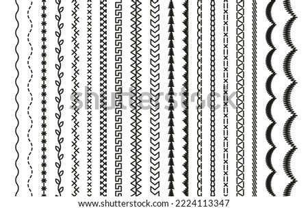 Set of seamless embroidery stitches. Overlock fabric elements. Sewing seams. machine thread sew brushes. Outline border isolated on white background. Simple design. Vector illustration.