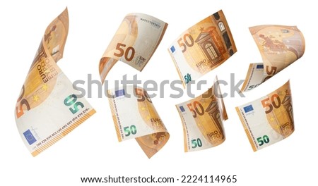 50 euro flying on white background. Euro Union banknotes at different angles Royalty-Free Stock Photo #2224114965