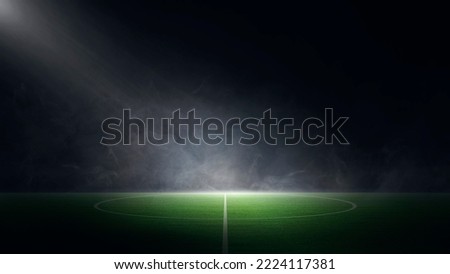 Sports stadium with a lights background, Textured soccer game field with spotlights fog midfield Concept of sport, competition, winning, action, empty area for championships, studio room, night view Royalty-Free Stock Photo #2224117381