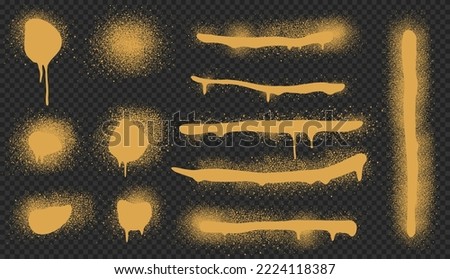 Spray paint drips and lines, golden ink splatters, brush stains with graffiti effect. inky blots in urban street style, blobs or stripes. Design elements isolated on transparent background, Vector set Royalty-Free Stock Photo #2224118387