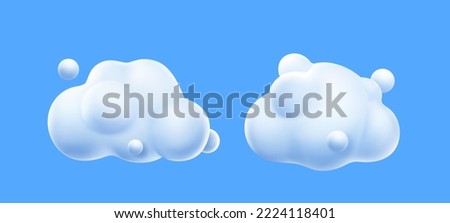3d render white clouds, cute fluffy spindrift rounded cumulus eddies. Flying weather and nature design elements balloons isolated on blue background, vector illustration in cartoon plastic style icons Royalty-Free Stock Photo #2224118401