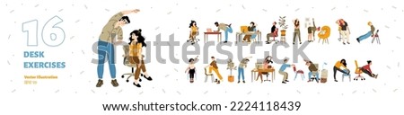 Set of office employees exercising, flat vector illustration isolated on white background. People taking break from work to get rest, relax and remove muscle soreness. Training with chair and desk Royalty-Free Stock Photo #2224118439
