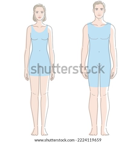 Female and male whole bodies. Vector illustration in line drawing, isolated on white background. Royalty-Free Stock Photo #2224119659