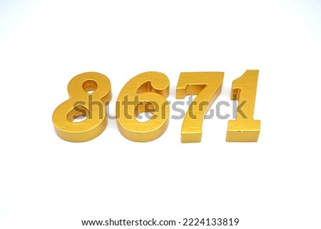 Number 8671 is made of gold-painted teak, 1 centimeter thick, placed on a white background to visualize it in 3D.                                 