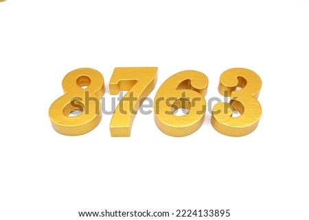   Number 8763 is made of gold-painted teak, 1 centimeter thick, placed on a white background to visualize it in 3D.                                