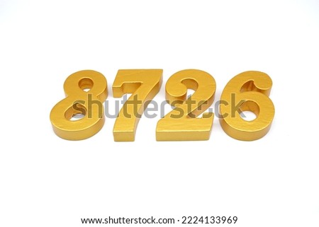   Number 8726 is made of gold-painted teak, 1 centimeter thick, placed on a white background to visualize it in 3D.                                   