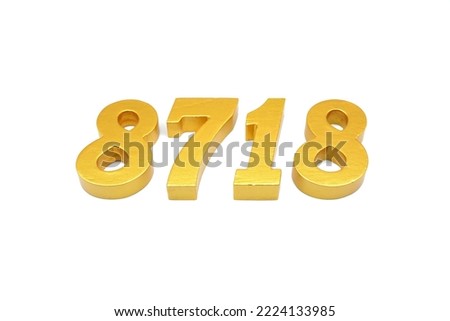       Number 8718 is made of gold-painted teak, 1 centimeter thick, placed on a white background to visualize it in 3D.                                  