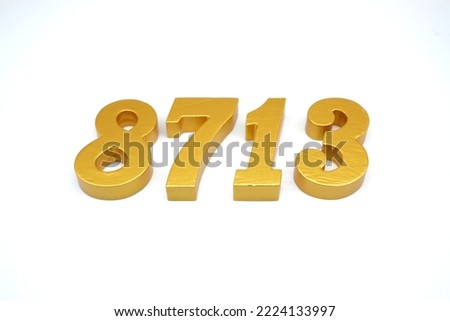     Number 8713 is made of gold-painted teak, 1 centimeter thick, placed on a white background to visualize it in 3D.                                    