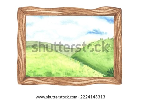 Picture in a wooden frame on which a landscape with green meadows. Green hill and blue sky. Watercolor illustration. Isolated on a white background. For your design stickers, organic products etc.