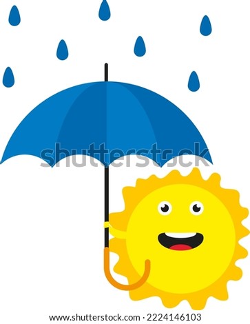 Vector illustration on transparent background, of a smiling sun, covering himself from the rain with a blue umbrella. Rainy day. Happiness in the rain.