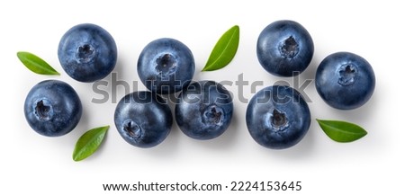 Blueberry isolated. Blueberries top view. Blueberry with leaves flat lay on white background with clipping path. Royalty-Free Stock Photo #2224153645