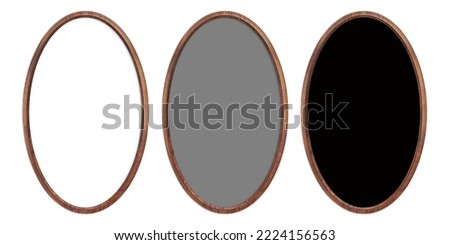 Wooden frame. Three blank oval frames with a smooth insert isolated on a white background. Blank frame. Signage mockup. Old frame. Bulletin board