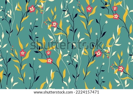 Seamless floral pattern, elegant ditsy print with vintage motif. Cute flower design, abstract arrangement of hand drawn twigs with small flowers, leaves on a blue background. Vector illustration.