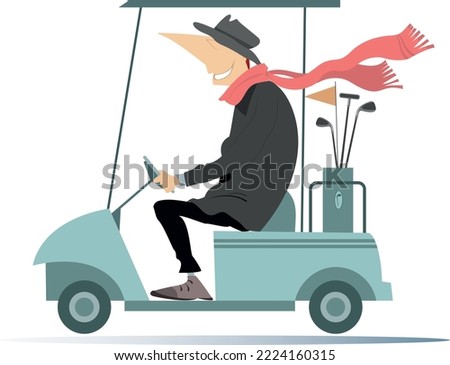 Golfer man rides the golf cart illustration.
Bad weather. Golfer man in the hat and scarf going to play golf in the golf cart. Isolated on white
