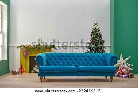 Yellow fireplace white and green wall background room style, Christmas new year tree, gift box and furniture design.