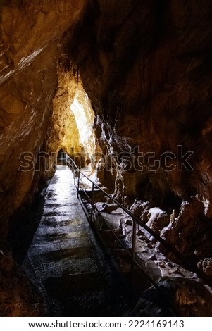 spectacular stalagmites and stalactites formations. scene inside one of the longest caves in romania. geological formation of ursus caves Royalty-Free Stock Photo #2224169143