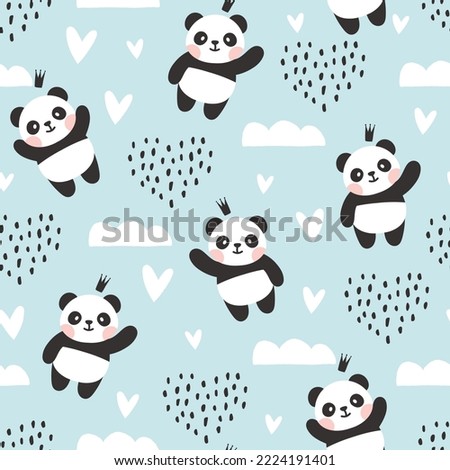 Panda bear cute boho elements pastel blue sky with clouds and hearts. Baby boy and girl kids kawaii animals seamless pattern design for wrapping paper, fabric and