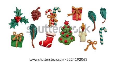 Christmas set made of handmade plasticine. Illustration of candy, Christmas fir, gift, cone, candle, bell, holly,  sock and fir branches on a white background