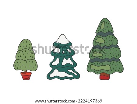 Christmas pine tree set, doodle style. Sketch tree fir green color. Vector illustration