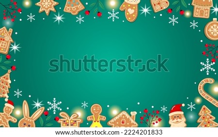 Horizontal green Christmas gingerbread background. Xmas design with cookies, winter berries, snowflakes, snow and lights. Empty space for your text. Template for cards, banner, poster, invitation.