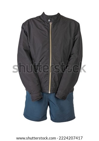 mens black jacket and dark blue sports shorts isolated on white background. fashionable casual wear