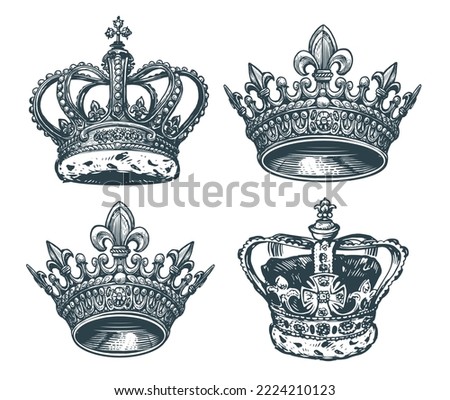 Royal golden crown with gems. King, queen symbol. Hand drawn sketch vector illustration in vintage engraving style Royalty-Free Stock Photo #2224210123
