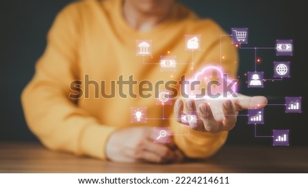 Businessman working at cloud data icon, cloud computing diagram show on hand. Cloud technology. Data storage. Networking and internet service concept.