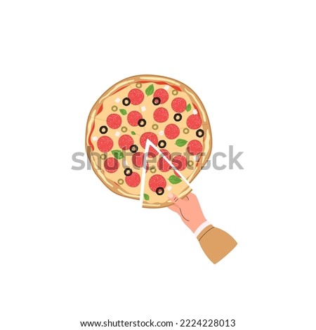 Hand with triangle pizza piece with salami, cheese and olives. Hand holding cut Italian snack. Whole pizza top view. Flat vector illustration isolated on white background Royalty-Free Stock Photo #2224228013