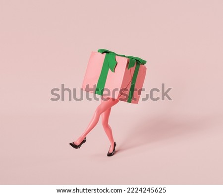 3d rendering of wrapped pink gift with green ribbon walking with female legs in black heels on pink background