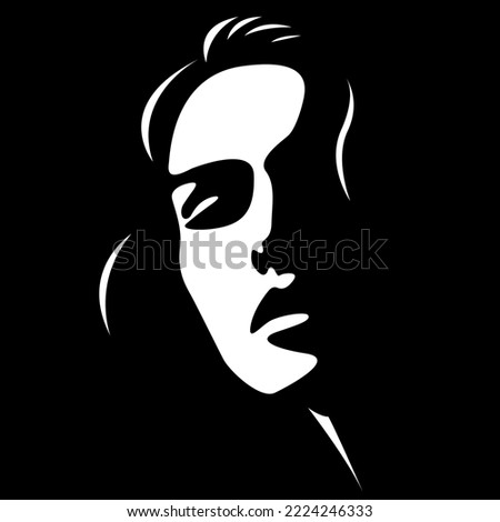 vector black and white light and shadow isolated illustration of a beautiful female face. useful for products for women, beauty salons, decorative and skin care cosmetics, logo, print, poster, design